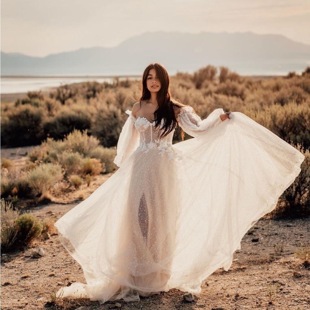 Sparkle Sheer Lace Puff Sleeve Sleeveless Corset Wedding Dress Bridal Gown 12